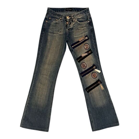 Dolce & Gabbana Women IT 26 Big Multi Zipper Logo Bootcut Jeans Artsy Streetwear - Picture 1 of 8